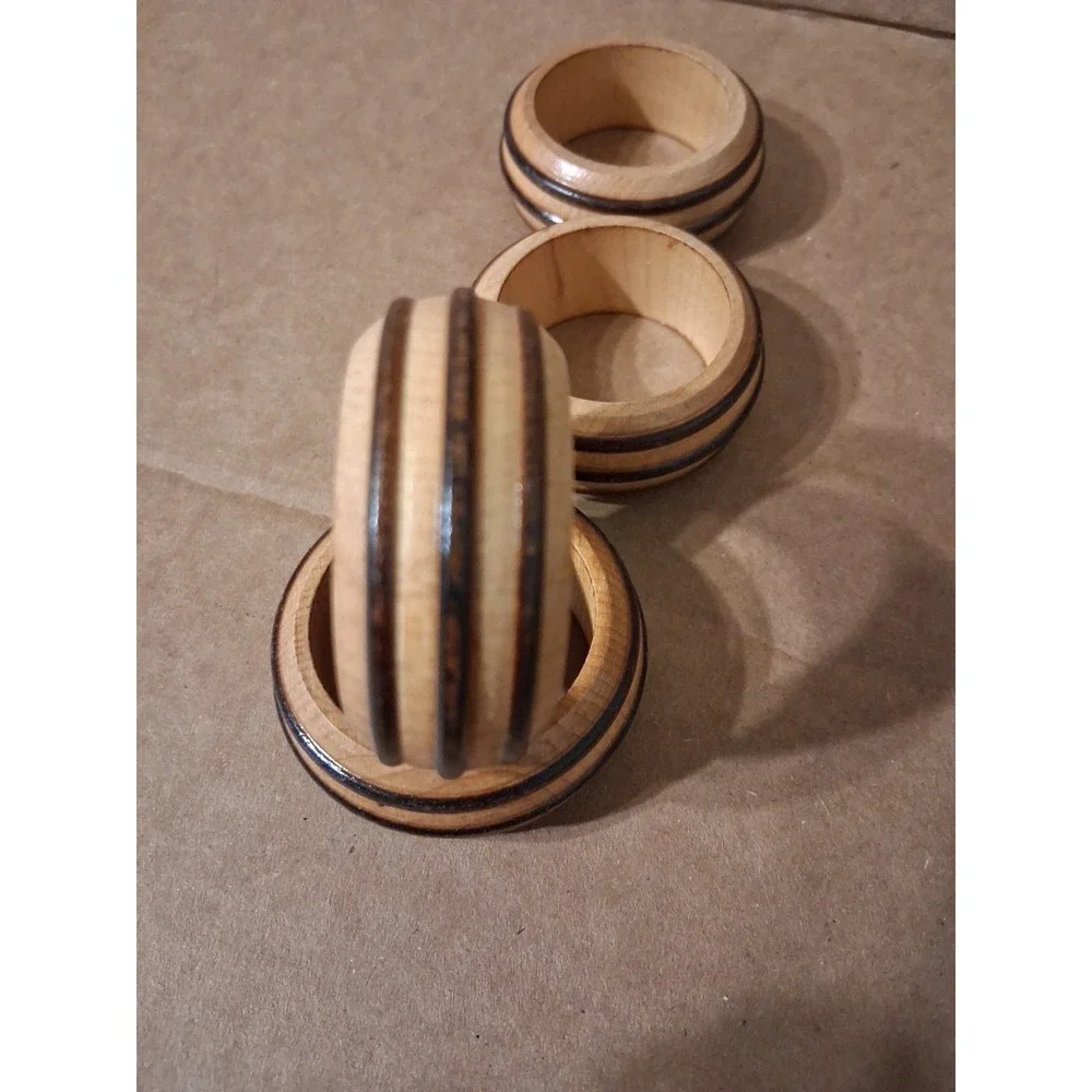 4 Wooden Napkin Rings Vintage Danish MCM‎ Grooved Farmhouse Simple Rustic #25
